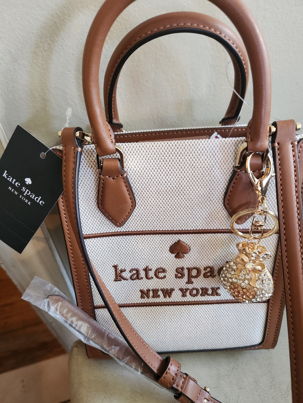 Kate Spade Cream Canvas & Brown Leather Crossbody Bag W Free Money Bag Charm NWT - Picture 2 of 8